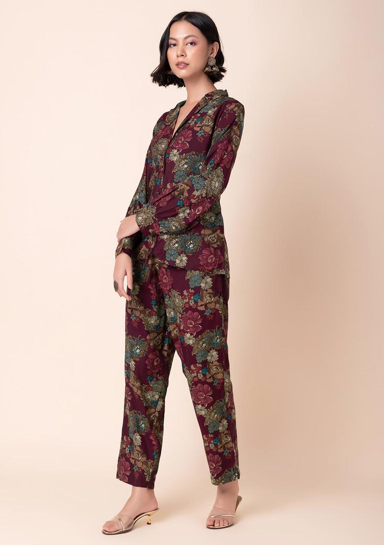 Purple Floral Print Muslin Blazer Kurta And Pants (Set of 2)