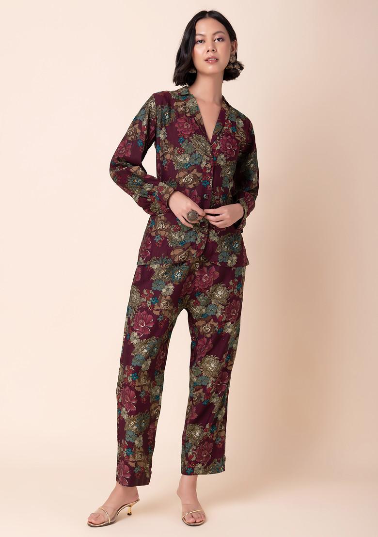 Purple Floral Print Muslin Blazer Kurta And Pants (Set of 2)