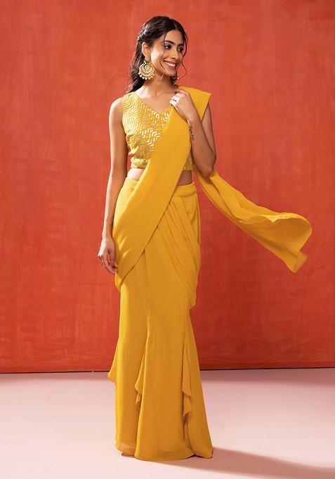 Yellow Pre-Stitched Saree With Sequin Thread Embroidered Blouse (Set of 2)