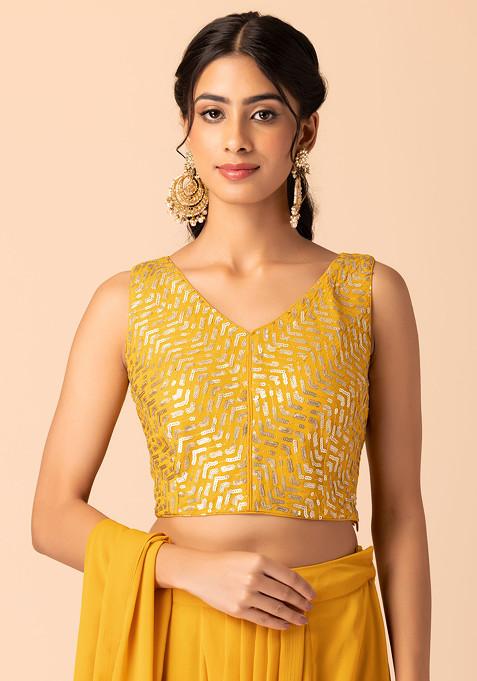 Buy Women Yellow Pre Stitched Saree With Sequin Thread Embroidered