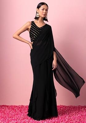 Black Pre-Stitched Ruffled Saree With Embroidered Blouse (Set of 2)