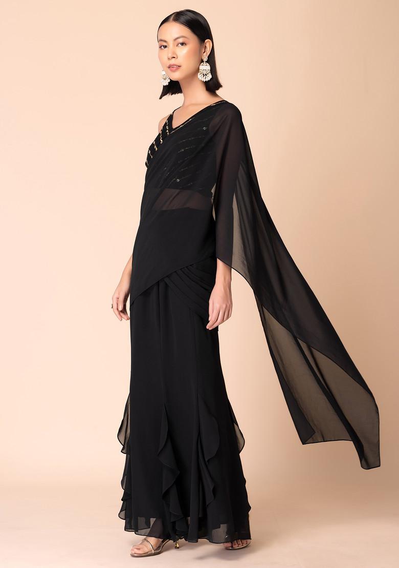 Black Pre-Stitched Ruffled Saree With Embroidered Blouse (Set of 2)