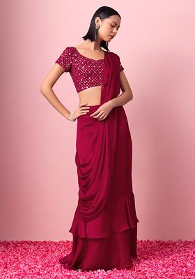 Pink Pre-Stitched Saree With Sequin Embroidered Blouse (Set of 2)