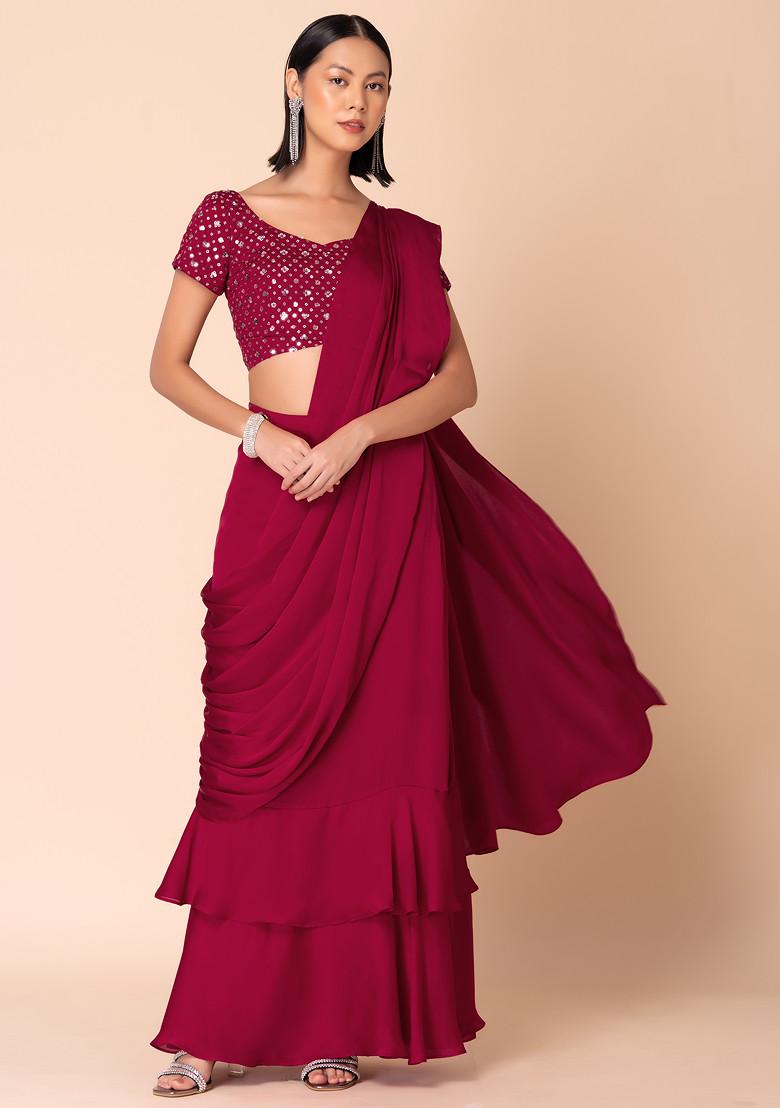 Pink Pre-Stitched Saree With Sequin Embroidered Blouse (Set of 2)