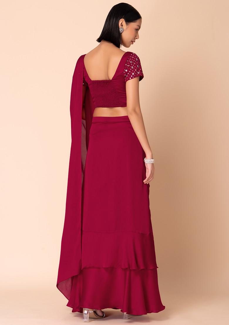 Pink Pre-Stitched Saree With Sequin Embroidered Blouse (Set of 2)