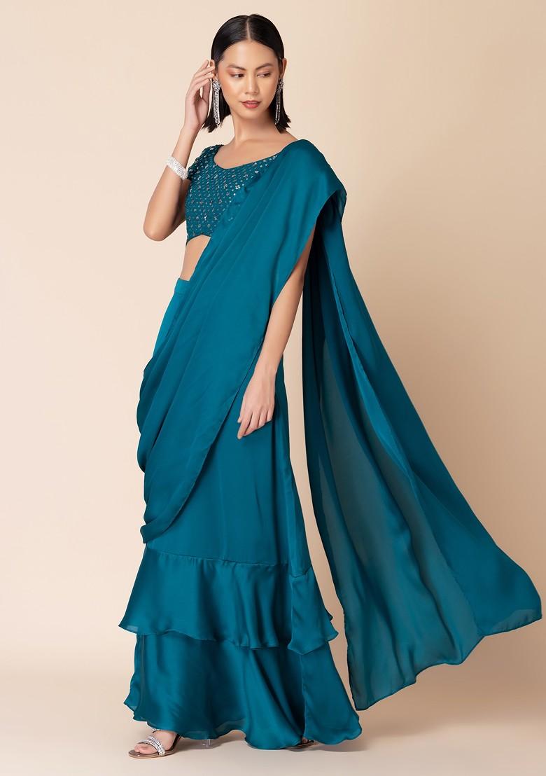 Green Pre-Stitched Saree With Sequin Embroidered Blouse (Set of 2)