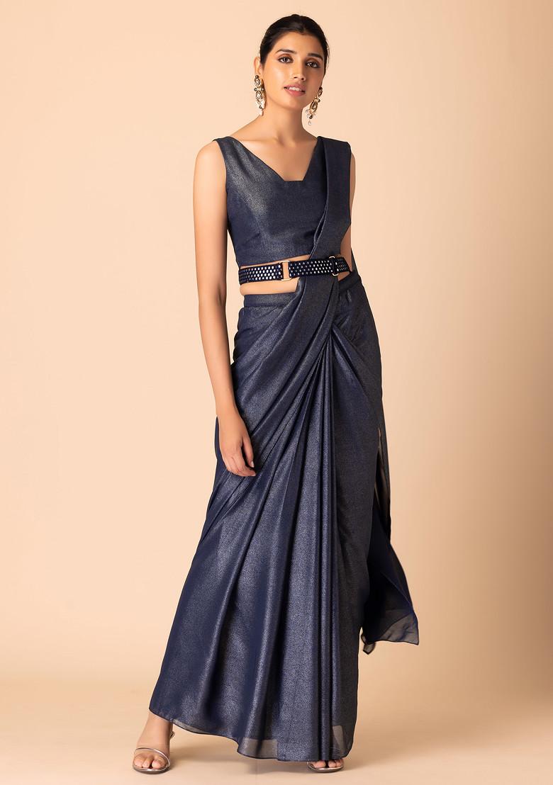 Navy Blue Shimmer Pre-Stitched Saree With Blouse And Belt (Set of 3)