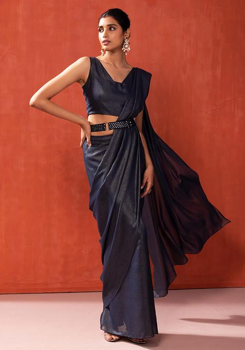 Navy Blue Shimmer Pre-Stitched Saree With Blouse And Belt (Set of 3)
