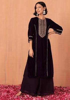 Purple Zari Embroidered Velvet Kurta With Flared Pants (Set of 2)