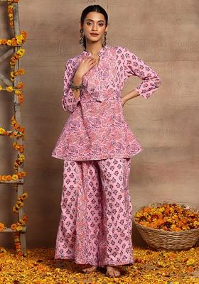 Pastel Pink Floral Print Cotton Peplum Kurta And Pants (Set of 2)