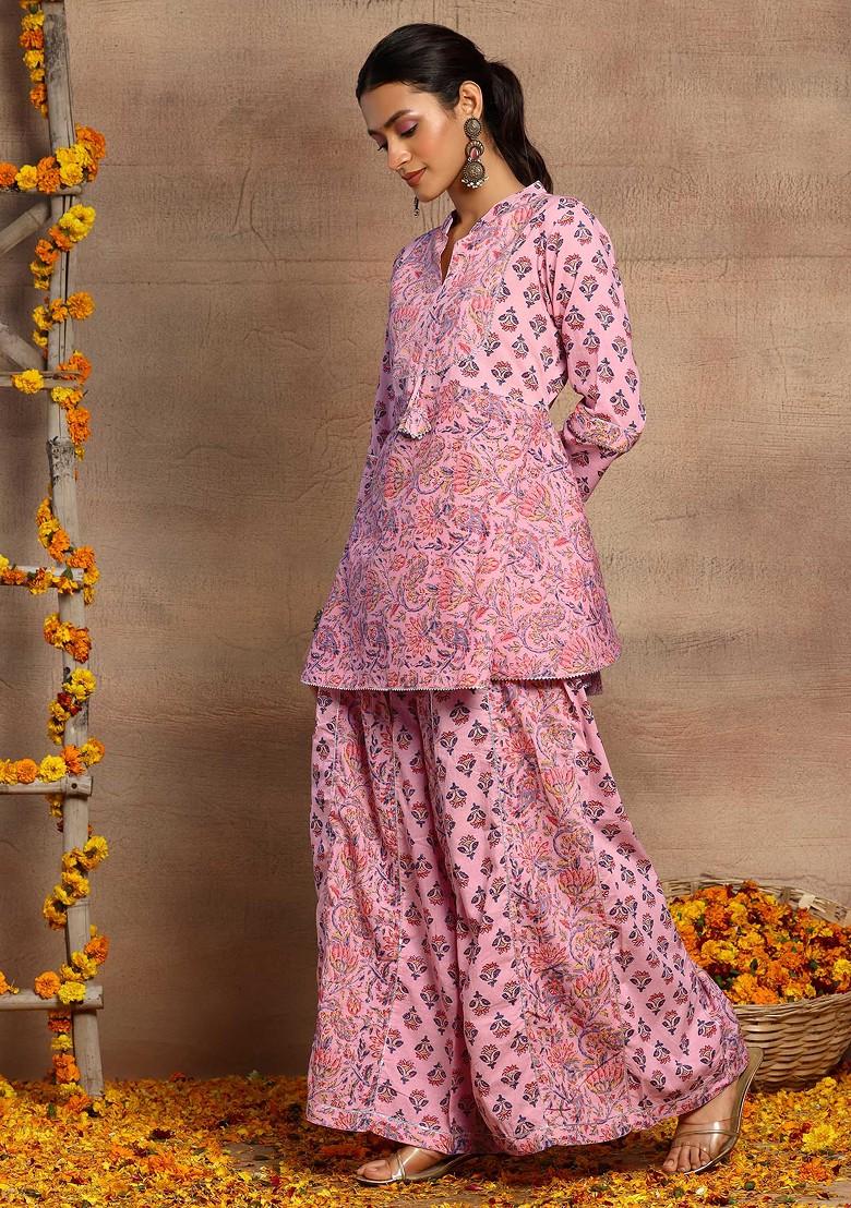 Pastel Pink Floral Print Cotton Peplum Kurta And Pants (Set of 2)