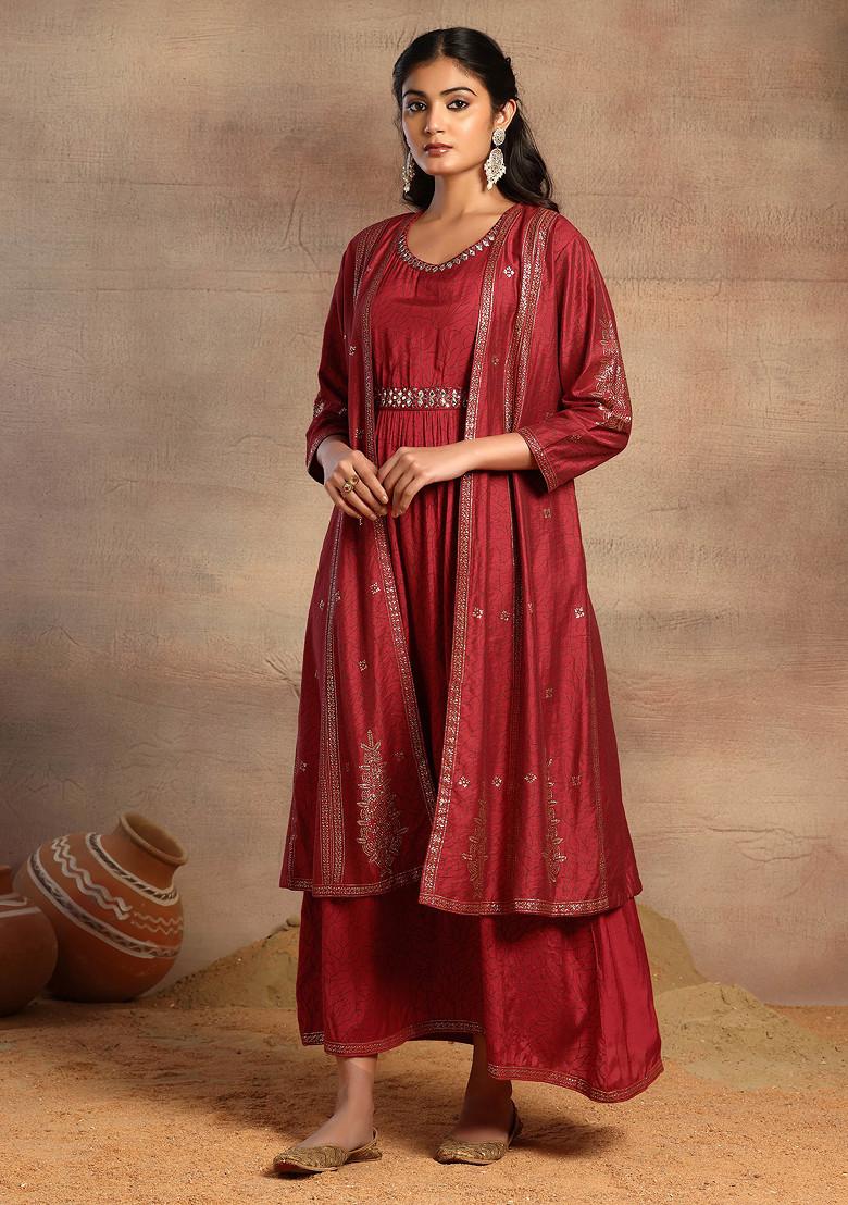 Maroon Foil Print Jacket And Embroidered Dress (Set of 2)