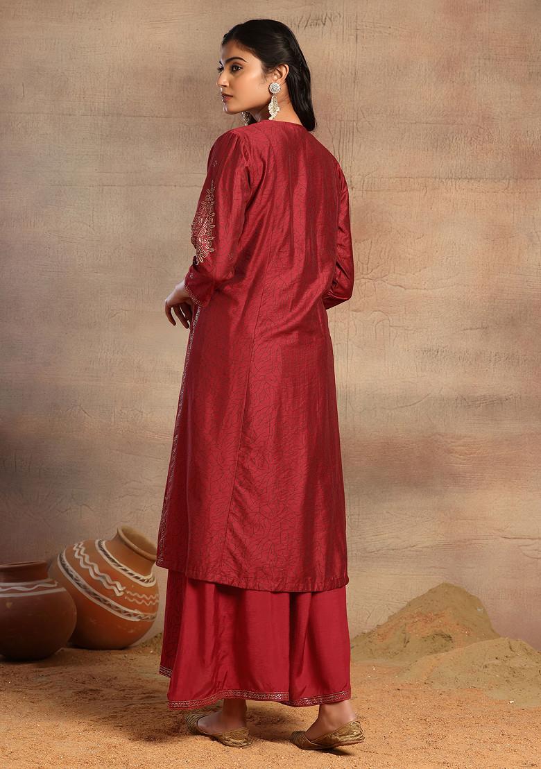 Maroon Foil Print Jacket And Embroidered Dress (Set of 2)