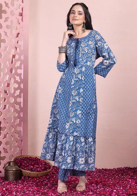 Blue Floral Print Mirror Embroidered Cotton Anarkali Kurta And Pants (Set of 2)