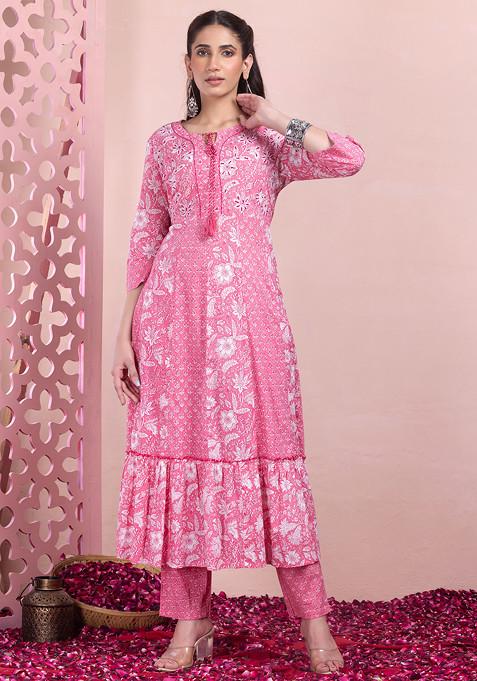 Pink Floral Print Mirror Embroidered Cotton Anarkali Kurta And Pants (Set of 2)