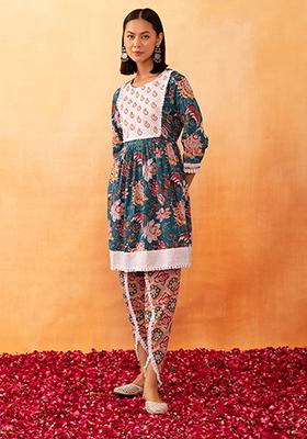 Teal Blue Floral Boota Print Cotton Kurta And Tulip Pants (Set of 2)