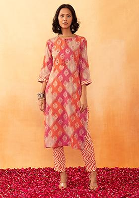 Orange Floral Foil Print Rayon Kurta And Pants (Set of 2)