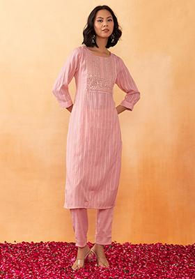 Peach Zari Embroidered Rayon Kurta And Pants (Set of 2)