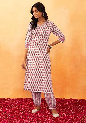 White And Maroon Floral Boota Print Cotton Kurta And Pants (Set of 2)