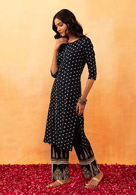 Navy Blue Boota Foil Print Rayon Kurta And Pants (Set of 2)