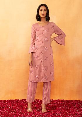 Light Brown Boota Foil Print Rayon Kurta And Pants (Set of 2)