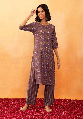 Purple Floral Foil Print Muslin Kurta And Printed Pants (Set of 2)