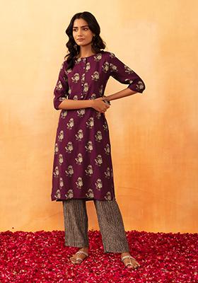 Purple Boota Foil Print Muslin Kurta And Printed Pants (Set of 2)