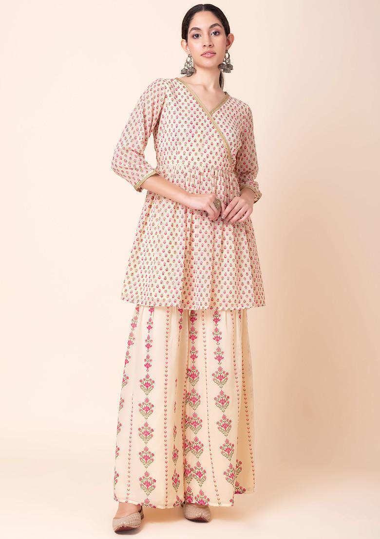 Ivory Floral Foil Print Sharara And Short Angrakha Kurta (Set of 2)