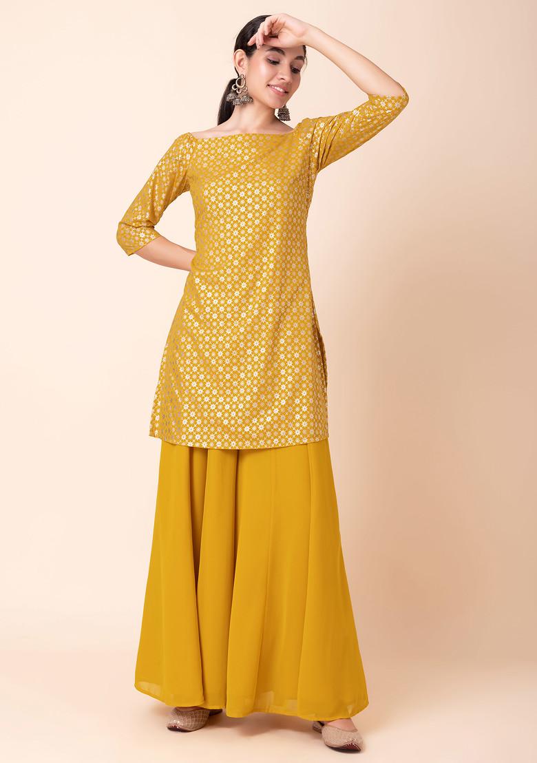 Yellow Sharara With Foil Print Off Shoulder Kurta (Set of 2)