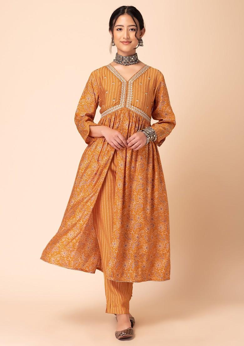 Mustard Batik Print Muslin Kurta With Pants (Set of 2) 