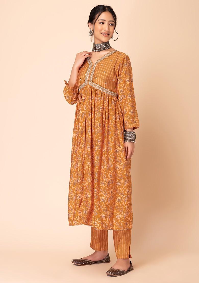 Mustard Batik Print Muslin Kurta With Pants (Set of 2) 