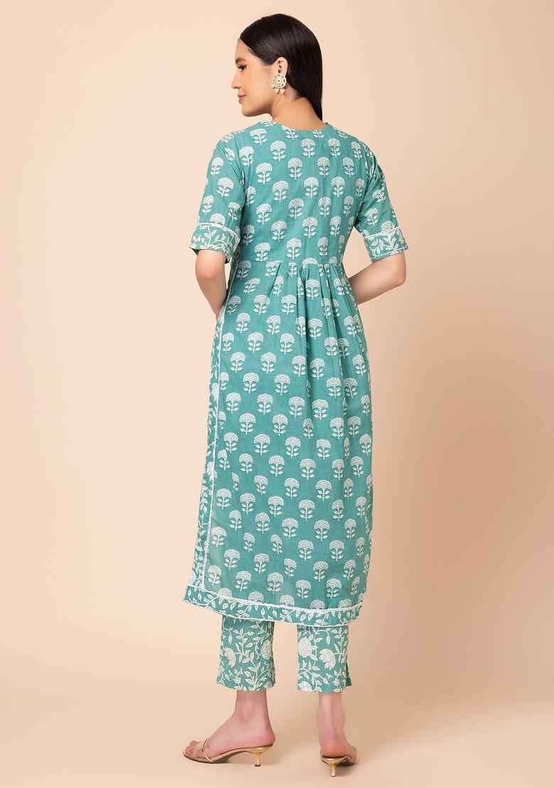 Pastel Green Boota Print Cotton Kurta With Printed Pants (Set of 2)