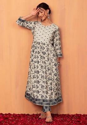 Grey Floral Print Chanderi Anarkali Kurta With Printed Pants (Set of 2)