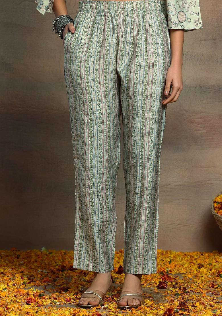 Light Green Printed Kurta With Pants And Belt (Set of 3)