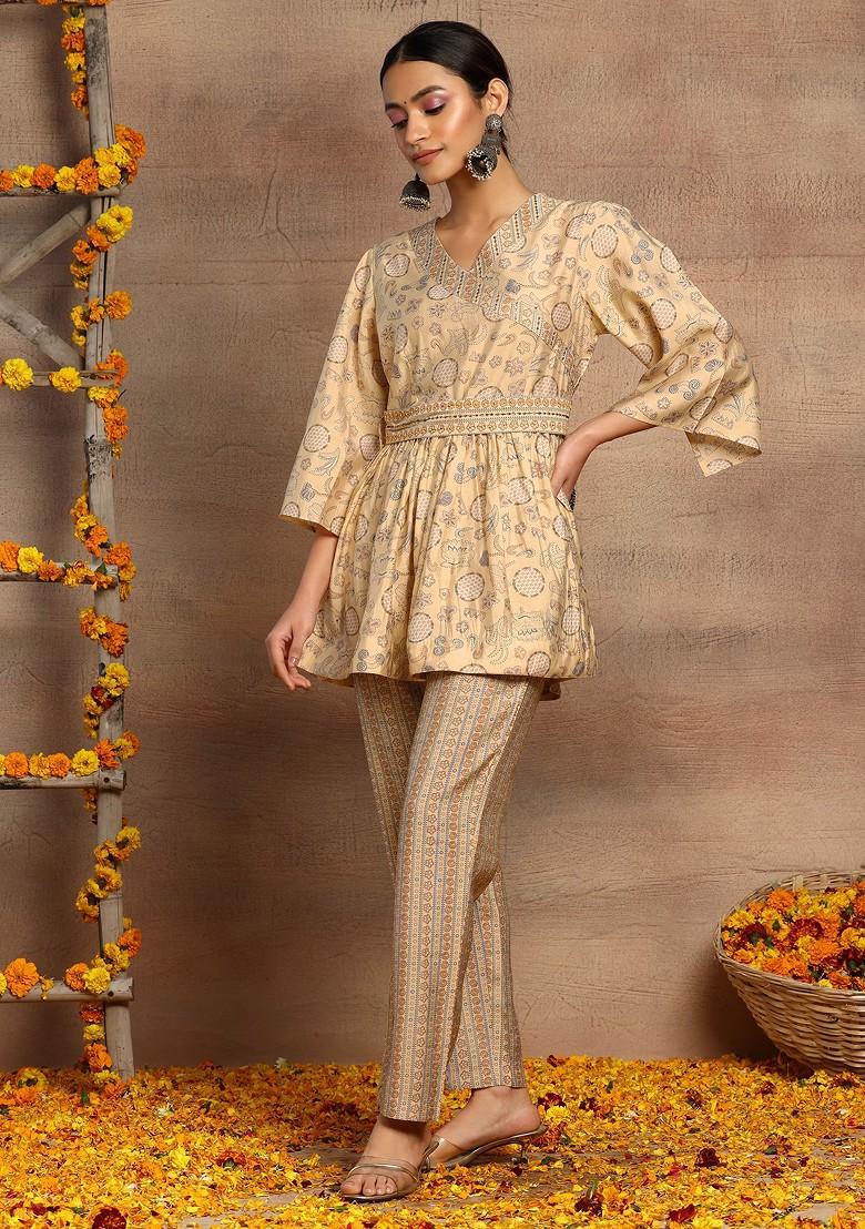 Beige Printed Kurta With Pants And Belt (Set of 3)