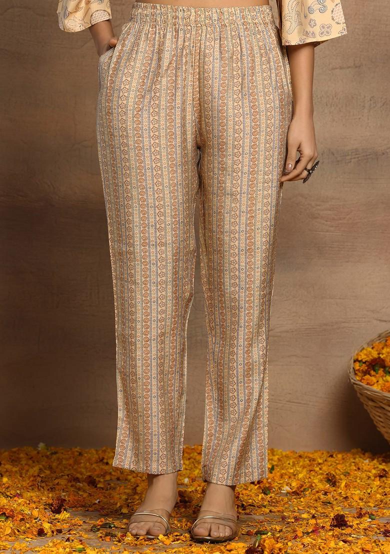 Beige Printed Kurta With Pants And Belt (Set of 3)