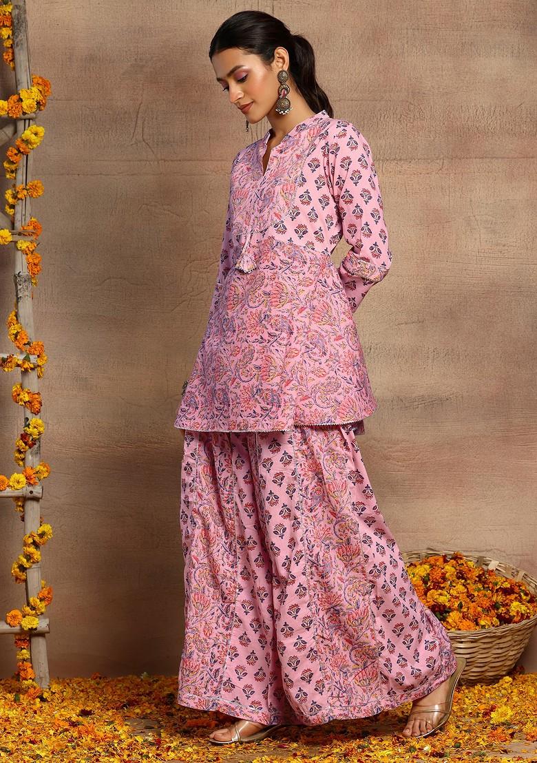 Pastel Pink Floral Print Peplum Kurta And Pants (Set of 2)