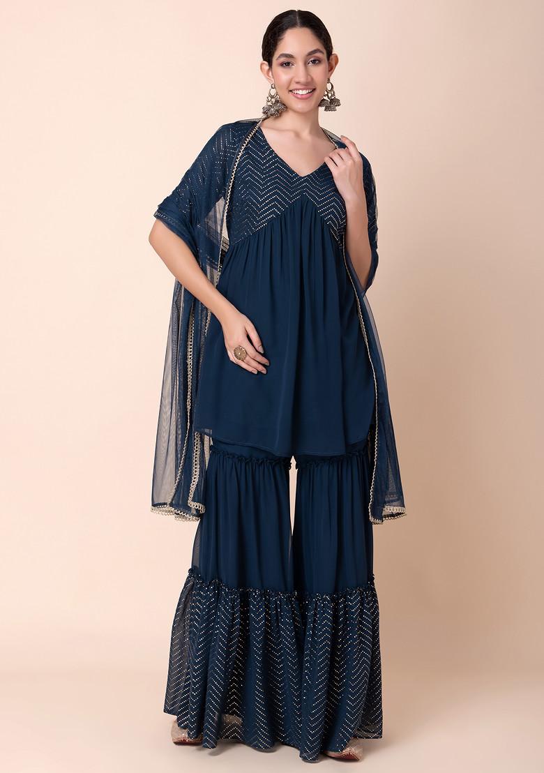 Teal Blue Sharara With Chevron Foil Print A-Line Kurta And Dupatta (Set of 3)