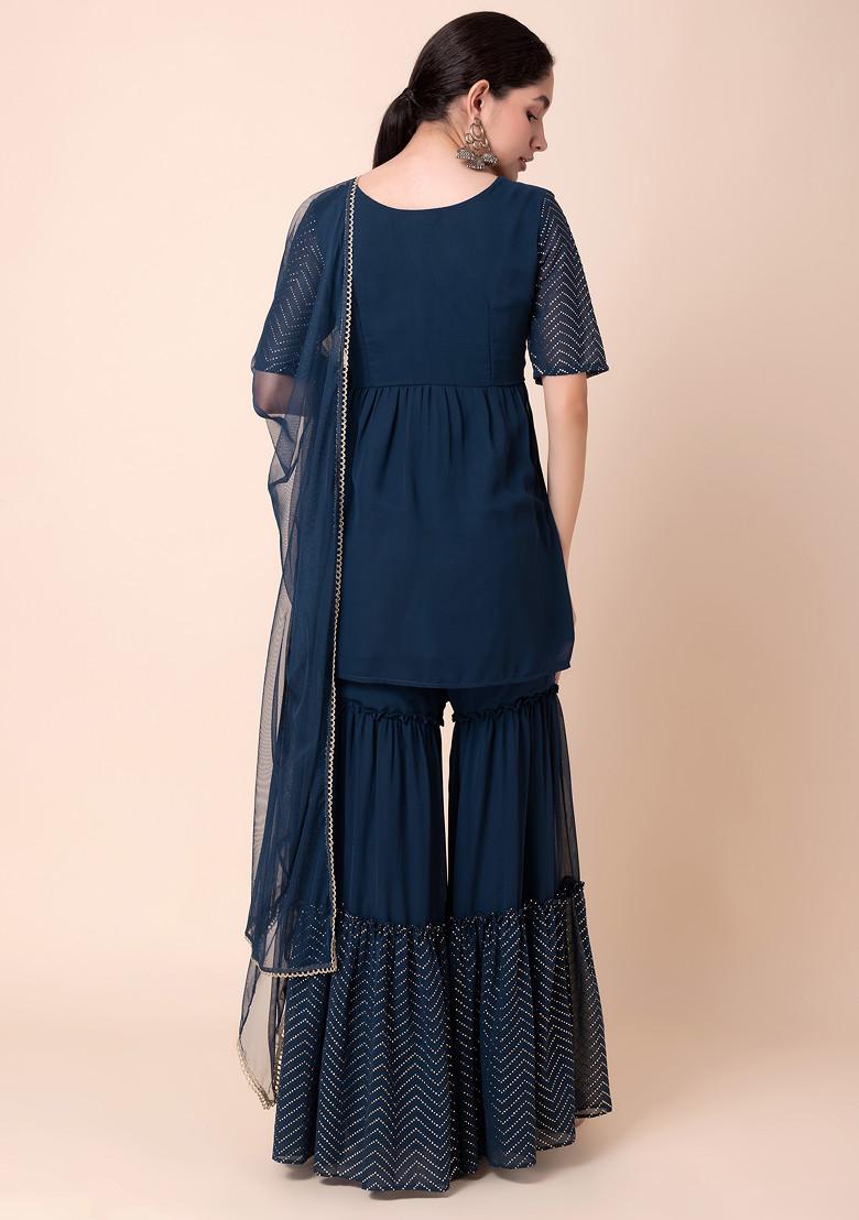 Teal Blue Sharara With Chevron Foil Print A-Line Kurta And Dupatta (Set of 3)