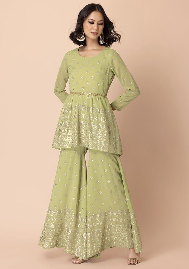 Lime Green Foil Print Sharara With Short Kurta And Belt (Set of 3)