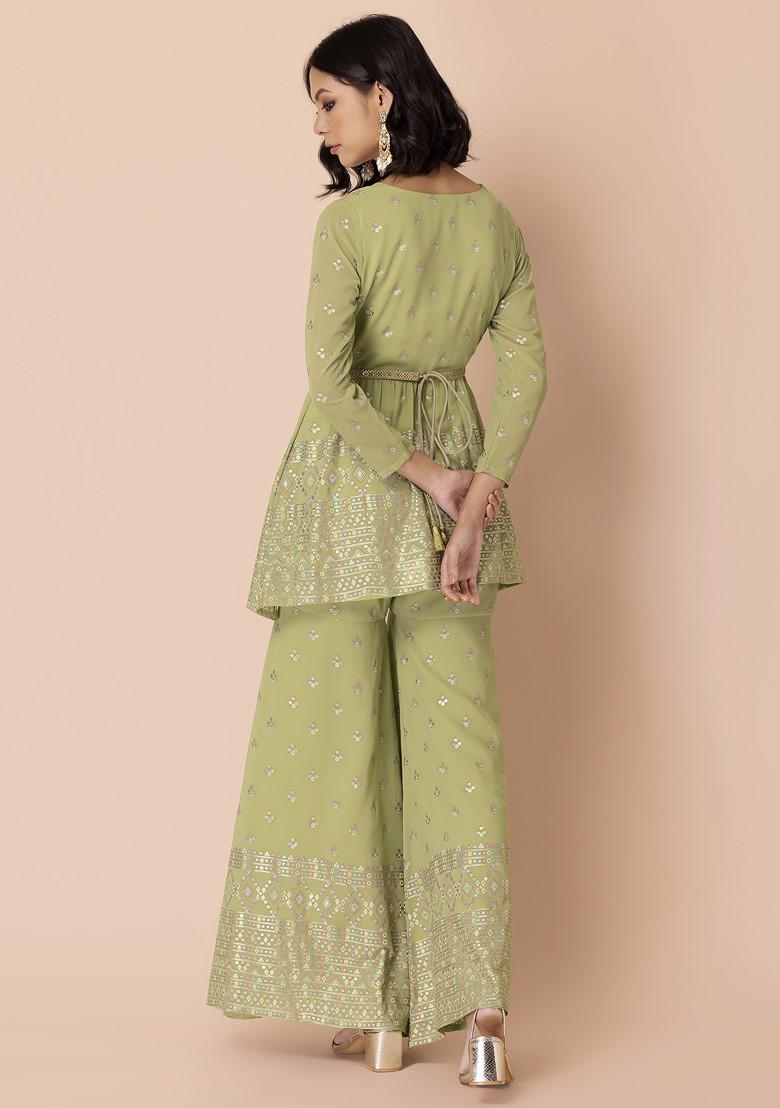 Lime Green Foil Print Sharara With Short Kurta And Belt (Set of 3)