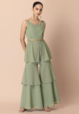Pastel Green Foil Print Sharara With Short Peplum Kurta And Belt (Set of 3)