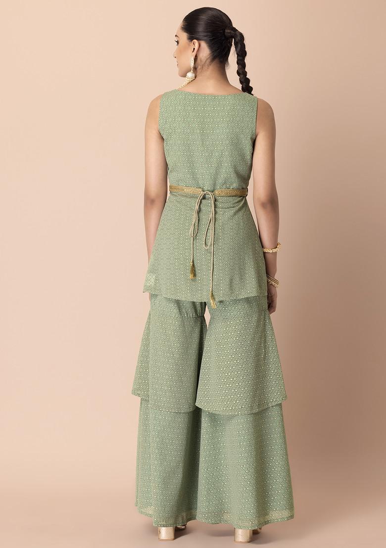 Pastel Green Foil Print Sharara With Short Peplum Kurta And Belt (Set of 3)