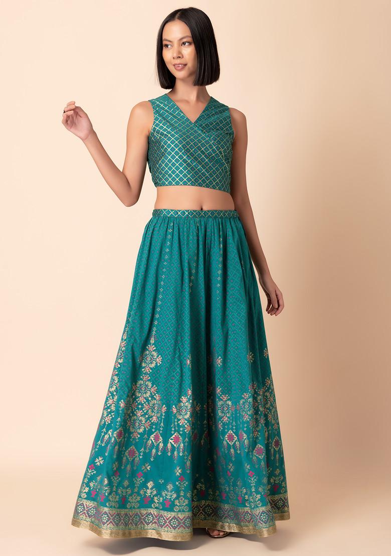 Green Mughal Foil Print Lehenga With Angrakha Blouse (Set of 2)