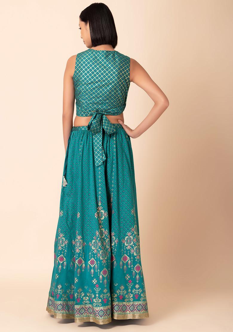 Green Mughal Foil Print Lehenga With Angrakha Blouse (Set of 2)