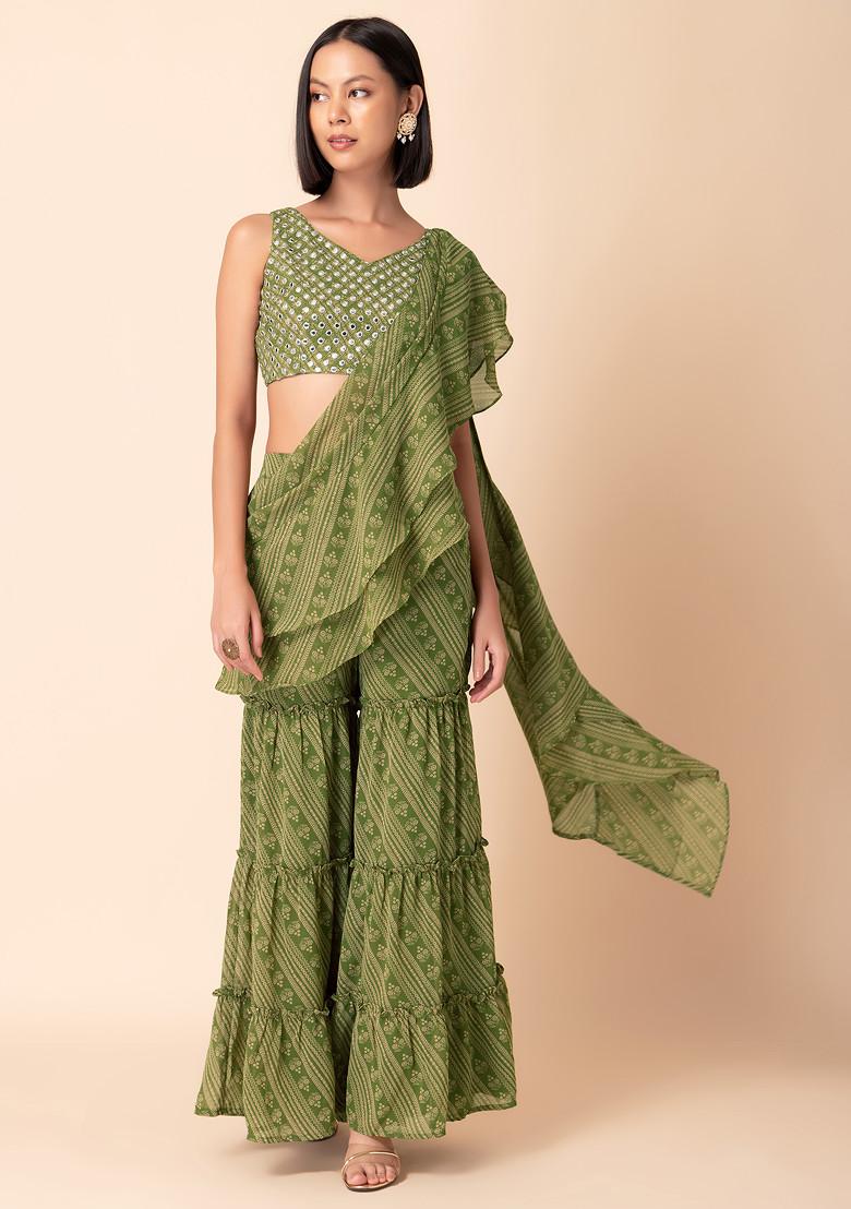 Green Striped Sharara With Mirror Embroidered Blouse And Attached Ruffled Dupatta (Set of 2)