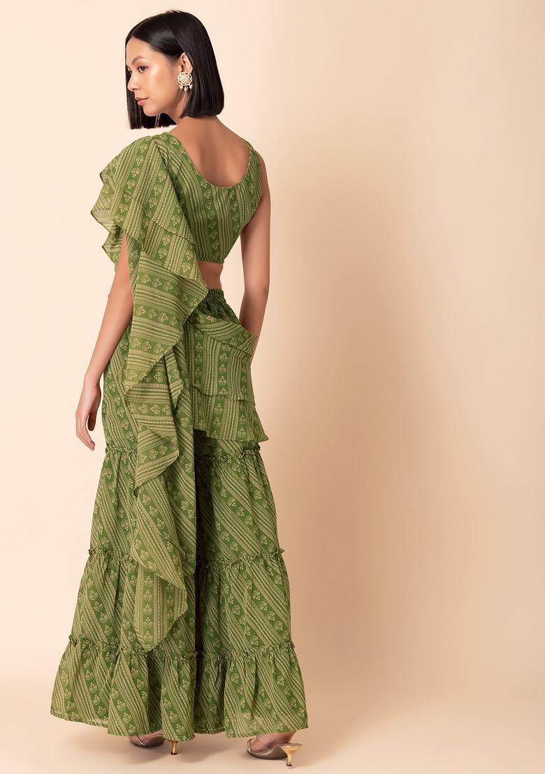 Green Striped Sharara With Mirror Embroidered Blouse And Attached Ruffled Dupatta (Set of 2)