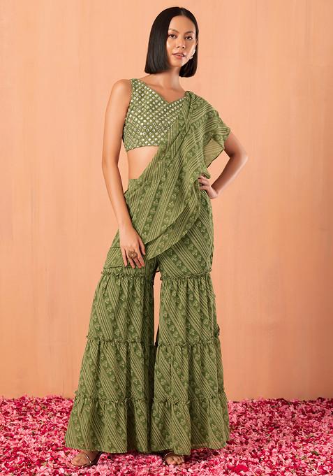 Green Striped Sharara With Mirror Embroidered Blouse And Attached Ruffled Dupatta (Set of 2)