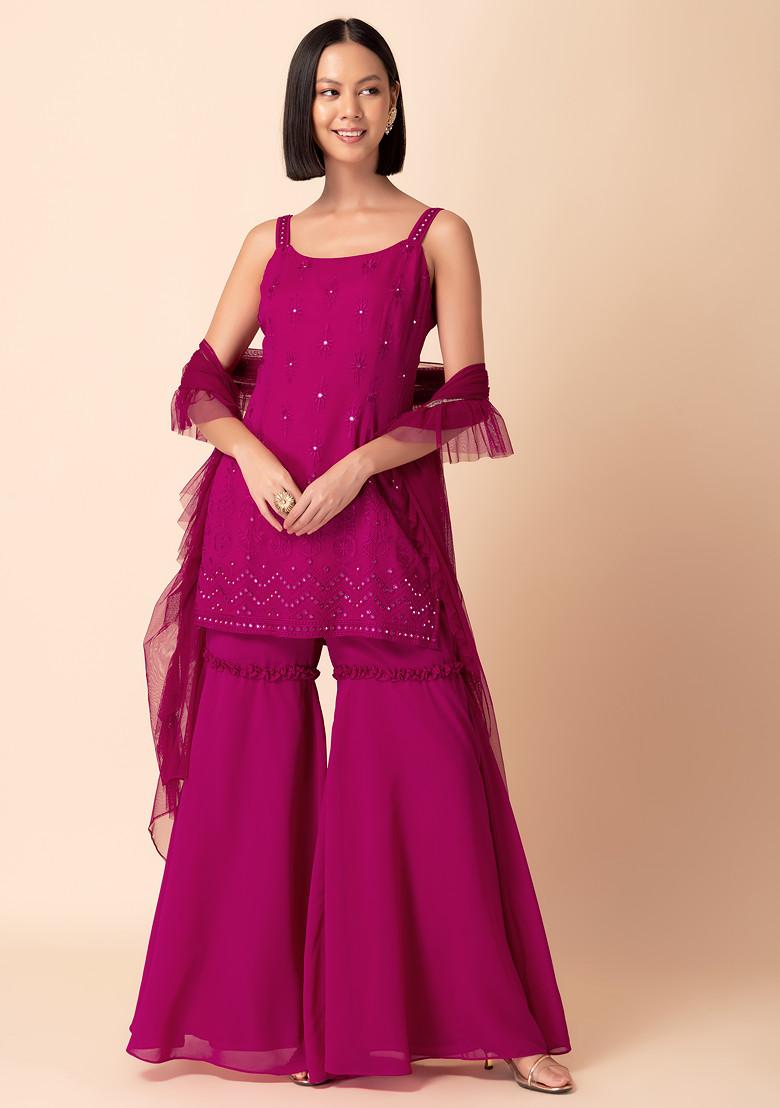 Hot Pink Sharara With Mirror Embroidered Strappy Kurta And Dupatta (Set of 3)