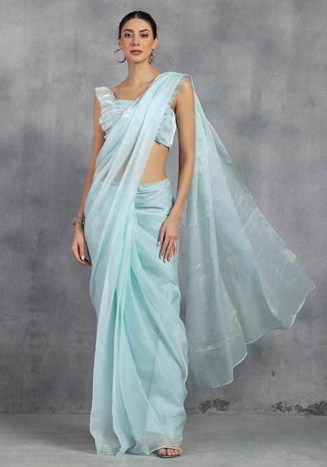 Seafoam Crushed Shimmer Organza Pre-Stitched Saree With Fringe Embellished Blouse (Set of 2)